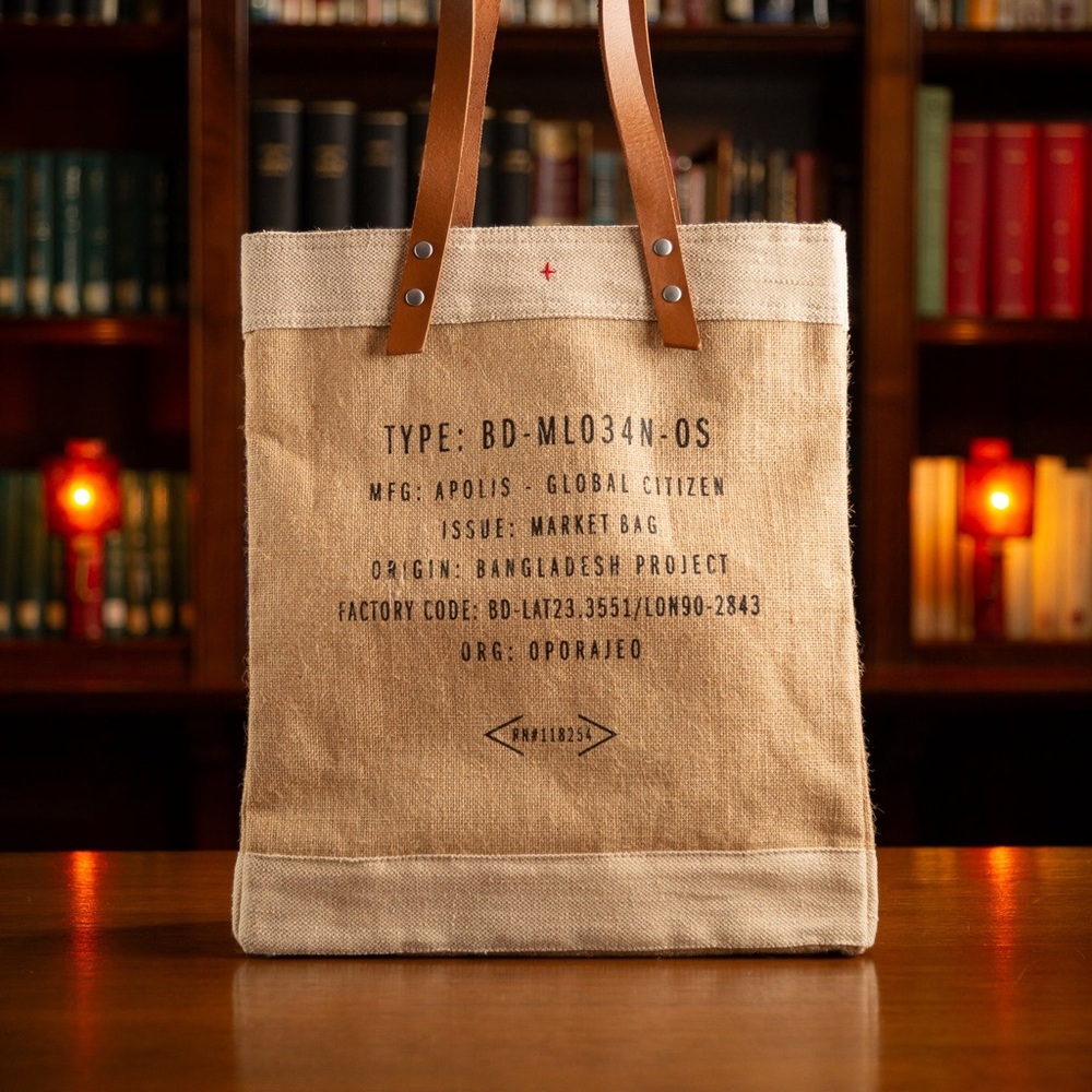 Apolis Global Citizen Market Bag Handcrafted Jute Tote Brown Leather Straps - Picture 9 of 9